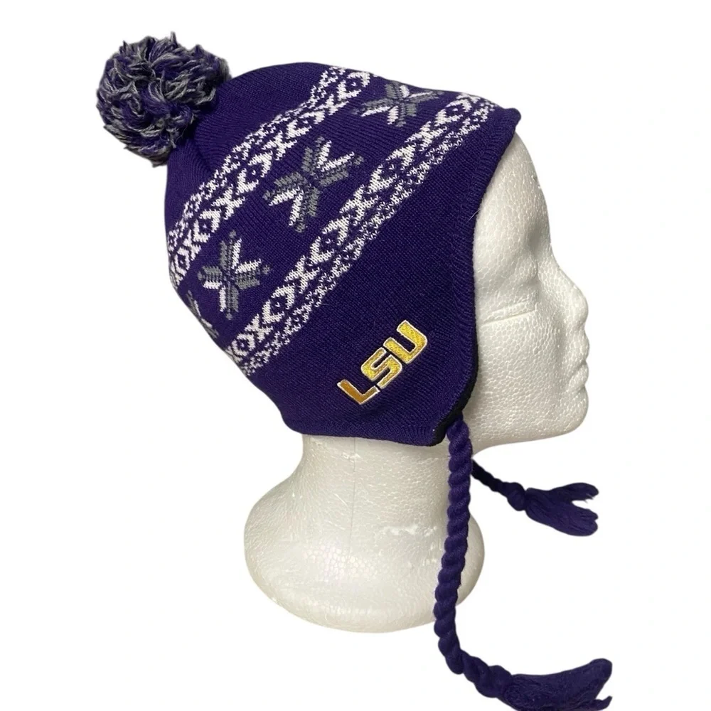 Captivating Headwear Kids Beanie with Earflaps Pom Pom OS LSU Purple Gold Sporty